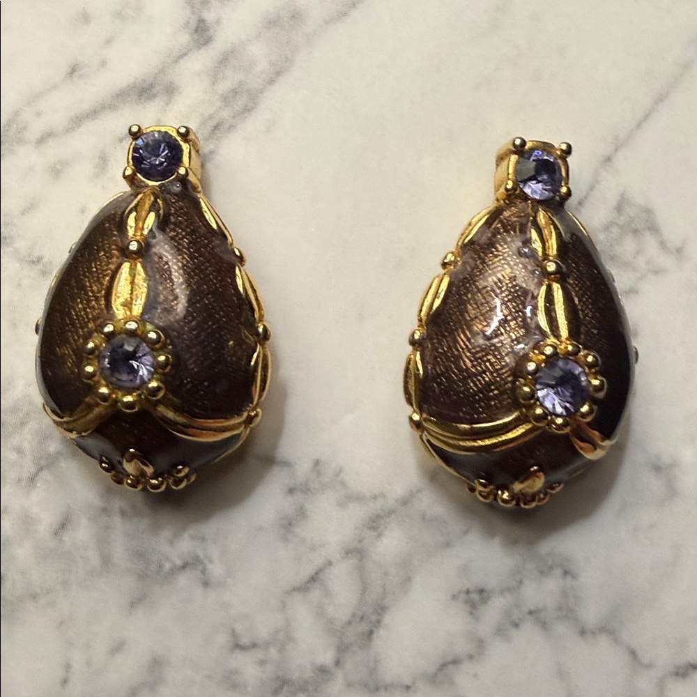 Vintage Joan Rivers Brown Enamel Purple Crystal Rhinestone Faberge Egg Earrings